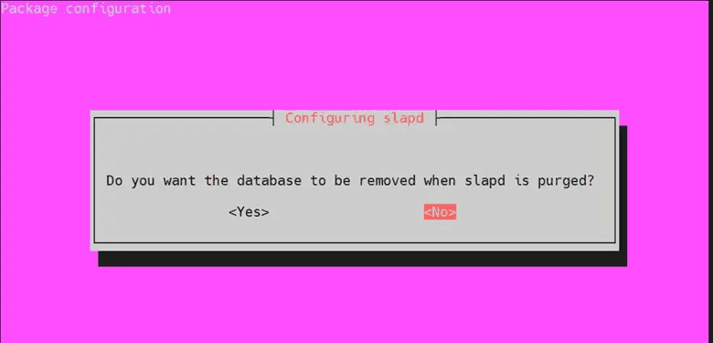 Screenshot of the prompt asking to remove the database when slapd is purged "Screenshot of the prompt asking to remove the database when slapd is purged"